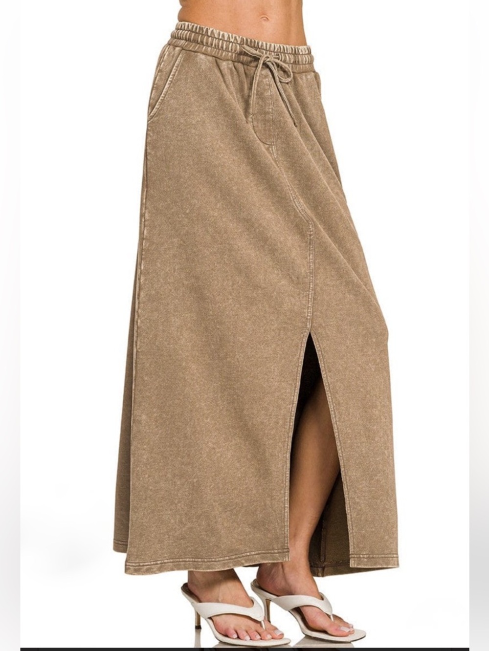 Zenana Sunfade Front Slit Acid Washed Maxi Skirt Mocha Small NWT